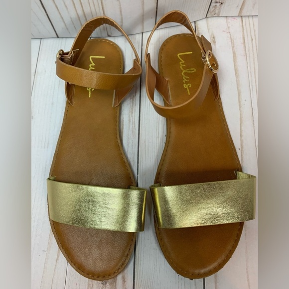 Lulus Tan & Gold Buckle Sandals Size 8 EUC - Picture 5 of 7